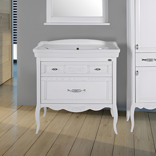 Тумба с раковиной ASB Wood Line Модерн 85 белая, патина серебро