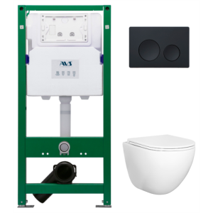 Комплект AVS 3в1: Инсталляция для унитаза 809-0006-7732C + Унитаз подвесной 801-0045-P-T2-GW + Клавиша смыва 809-0012-MB черная, круглые кнопки