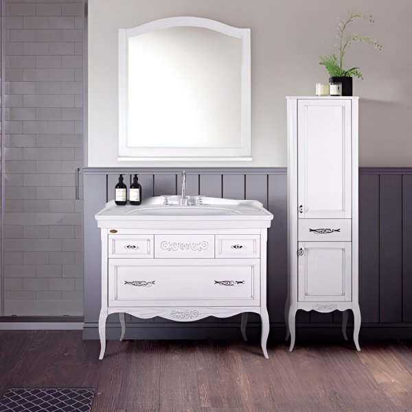 Тумба с раковиной ASB Wood Line Модерн 105 белая, патина серебро