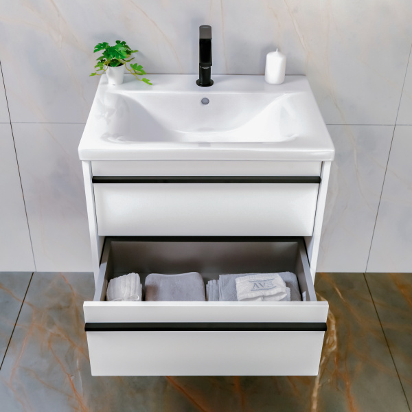 Тумба с раковиной AVS Графика 60 белая матовая (ручки черные, раковина белая)
