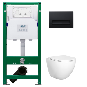 Комплект AVS 3в1: Инсталляция для унитаза 809-0006-7732C + Унитаз подвесной 801-0045-P-T2-GW + Клавиша смыва 809-0011-MB черная, прямоугольные кнопки