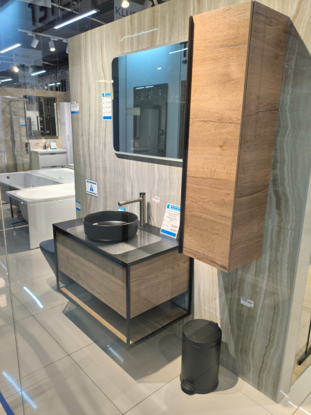 Тумба 900 1ящ подвес со столешницей HPL + Пенал Аттик древесный Steal JORNO