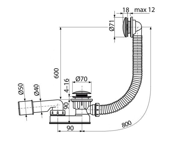 A507CKM-80 Сифон д/ван низкий, с тонк.рез не для стал.ванн ClicK-Clack AL хром ALCAPLAST